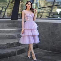 elfin purple dots tulle short tiered prom dress long sleeve evening party dresses 2022 knee length special occasion gowns