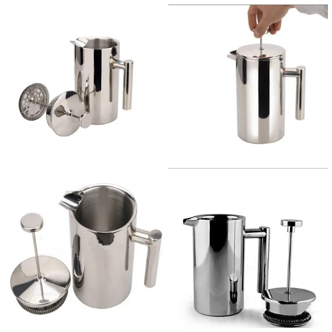 

French Press Coffee Tea Pot Brewer Mirror Finish Outside Handy Appliance to Make Tea and Coffee Plant and Herbal Drinks