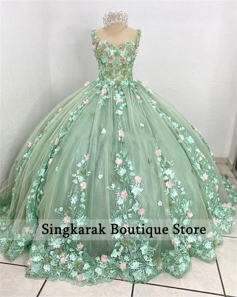 

New Design Flowers Princess Green Quinceanera Dresses 3D Floral Appliques Beading Crystal Vestidos De 15 Años 16th Prom Party