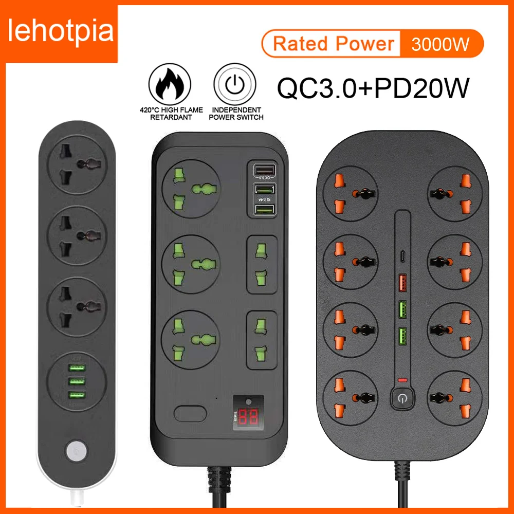 

Lehotpia EU US UK Power Strip Plug Smart Home 2M Cable Electrical Socket Type-C PD20W QC3.0 USB Fast Charing Port Network Filter