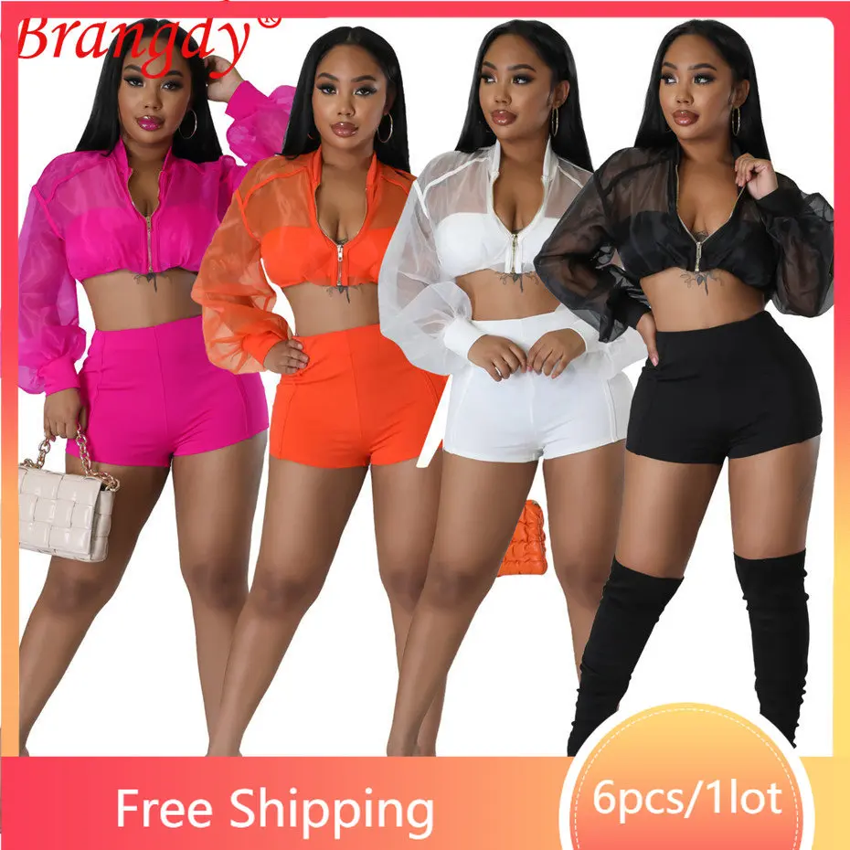 

6sets Wholesale Women Tracksuit Shorts 2 Piece Set Sexy Mesh Patchwork Zipper Outfits Club Y2k Clothes Fashion Solid Slim B10962