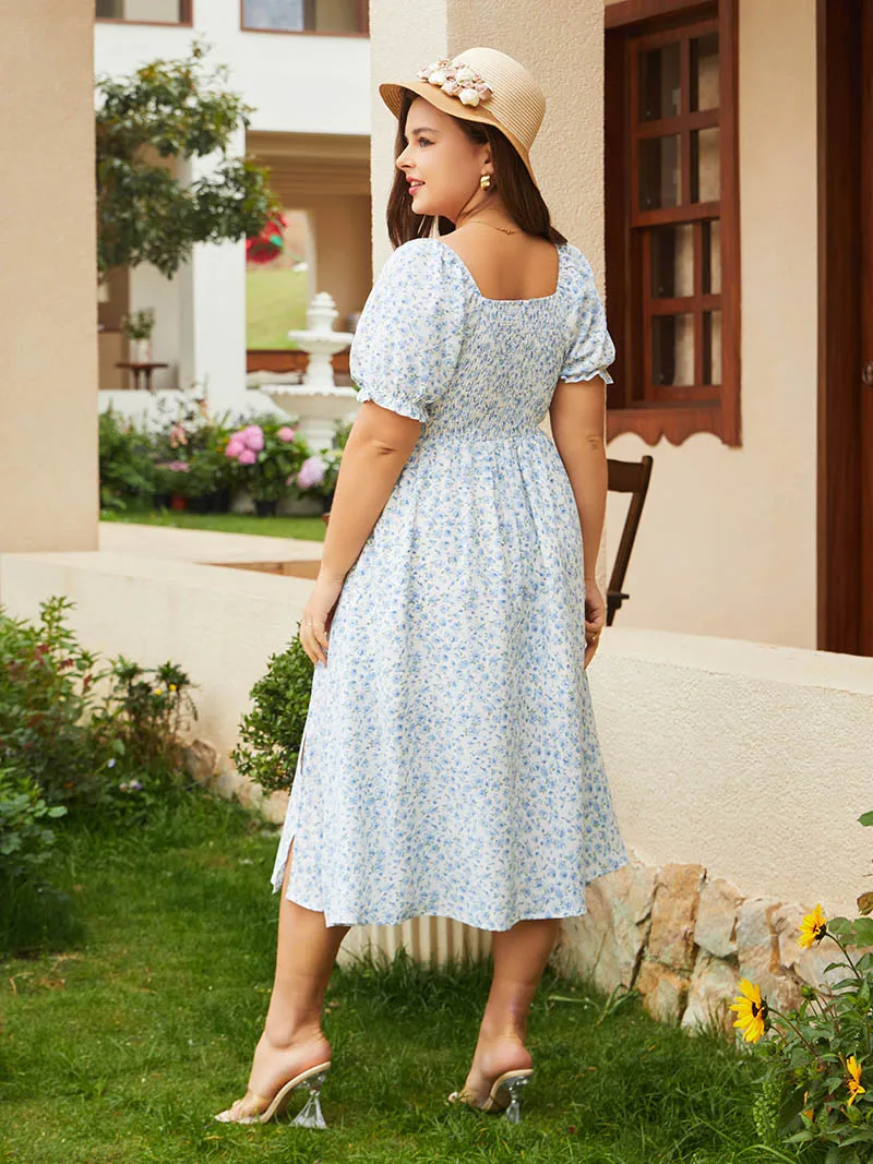 Side Slit Blue Pink Floral Women Long Dresses Plus Size Women Summer Dresses Elegant Big Size Ladies Midi Dresses For Women 2023