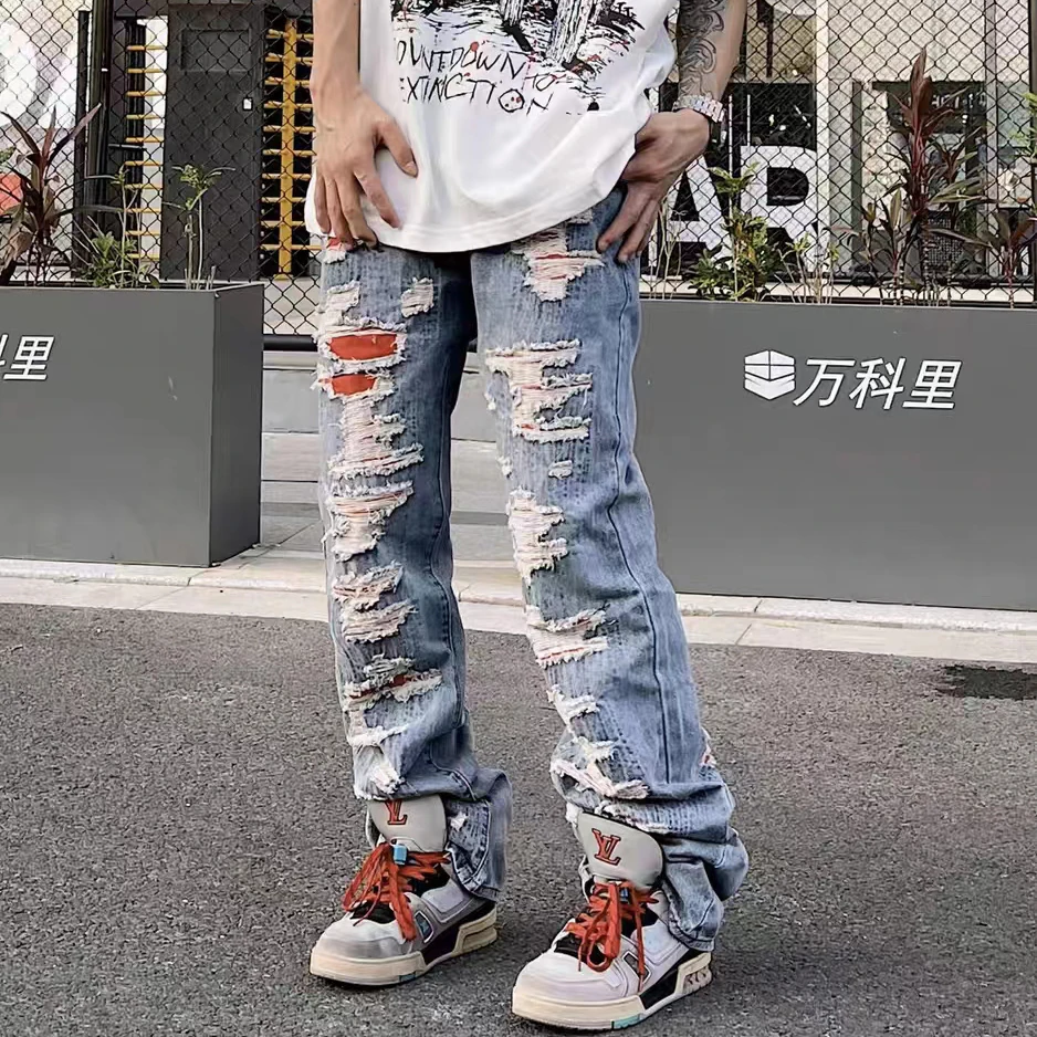 

High Street Ripped Washed Hole Straight Baggy Jeans for Men Vintage Distressed Y2K Loose Casual Denim Trouses Unisex Oversized