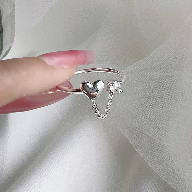 

Trendy Minimalism Silver Geometric Irregular Heart Chain Zircon Rings for Women Bohemian Adjustable Personality Ring Accessories