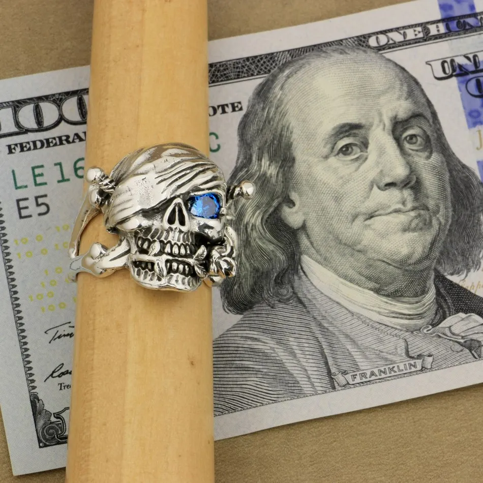 Синий CZ Stone 925 пробы Серебряная роза пиратское кольцо с черепом Biker Rock Punk Style 9W101 US