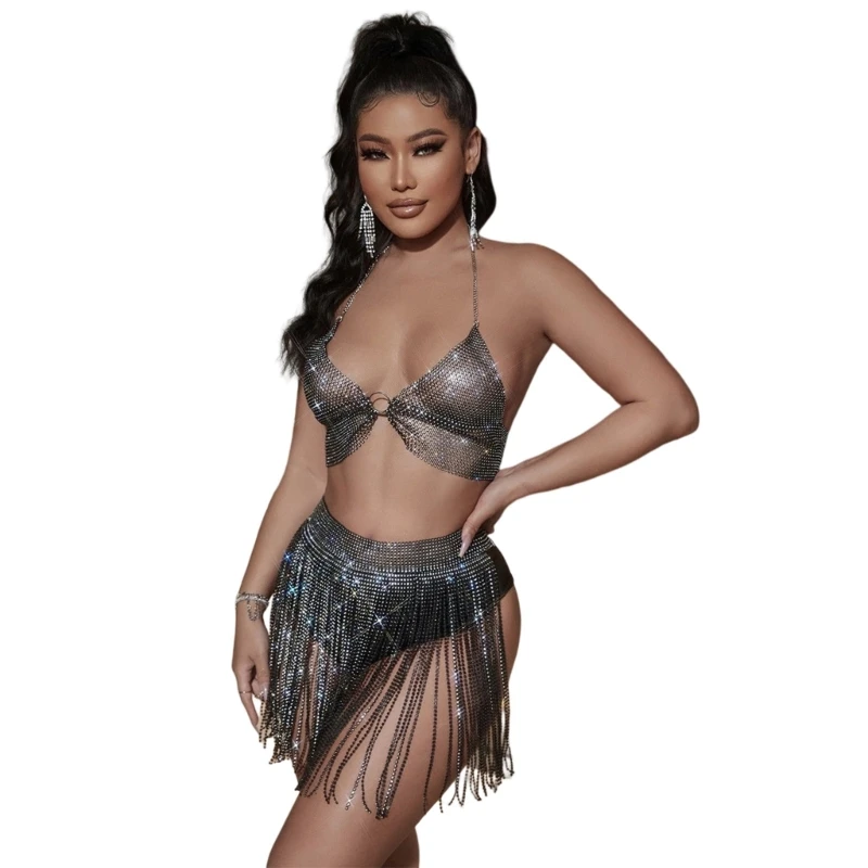 

Womens Belly Dance Costume Shiny Fringe Tassel Hip Skirt Chain with Bras 2 Pieces Festival Party Outfits