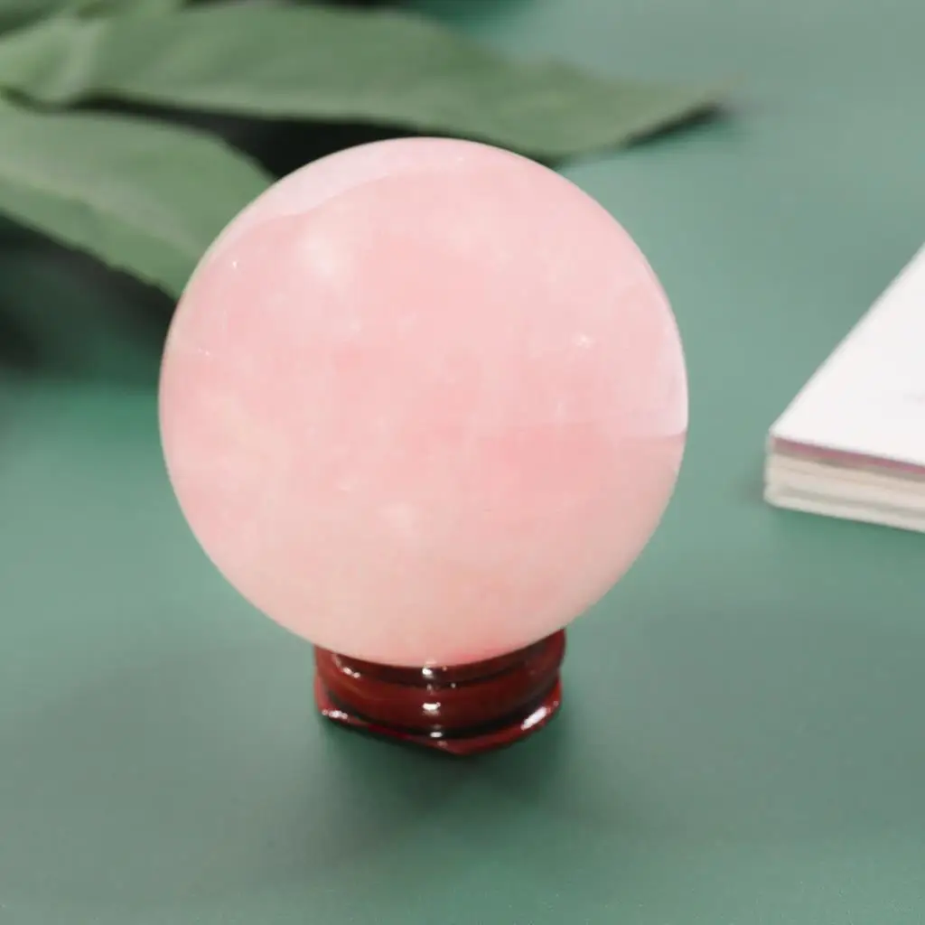 Natural Rose Quartz Sphere Gemstone Ball With Wooden Stand Reiki Healing Sculpture Figurine Desktop Decor Home Ornaments