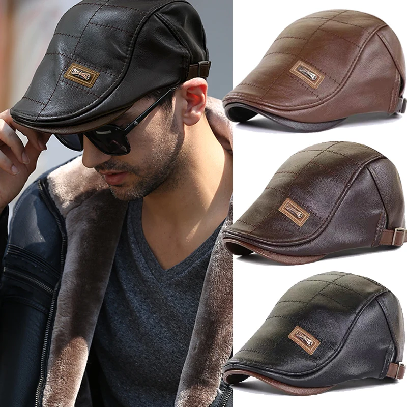 Men's Outdoor Leather Hats Winter Berets Male Warm Ear Protection Caps PU Middle-aged Men Hat Visors Adjustable Cap |