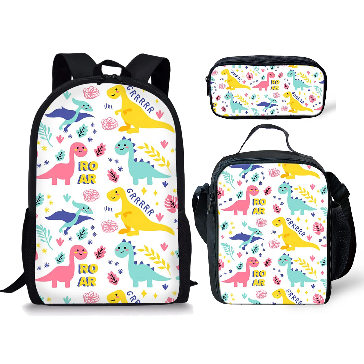 Cartoon Dinosaur Print Backpack Pencil & Lunch Bag Set Portable Travel Children's Knapsack Durable Large Capacity School Bags