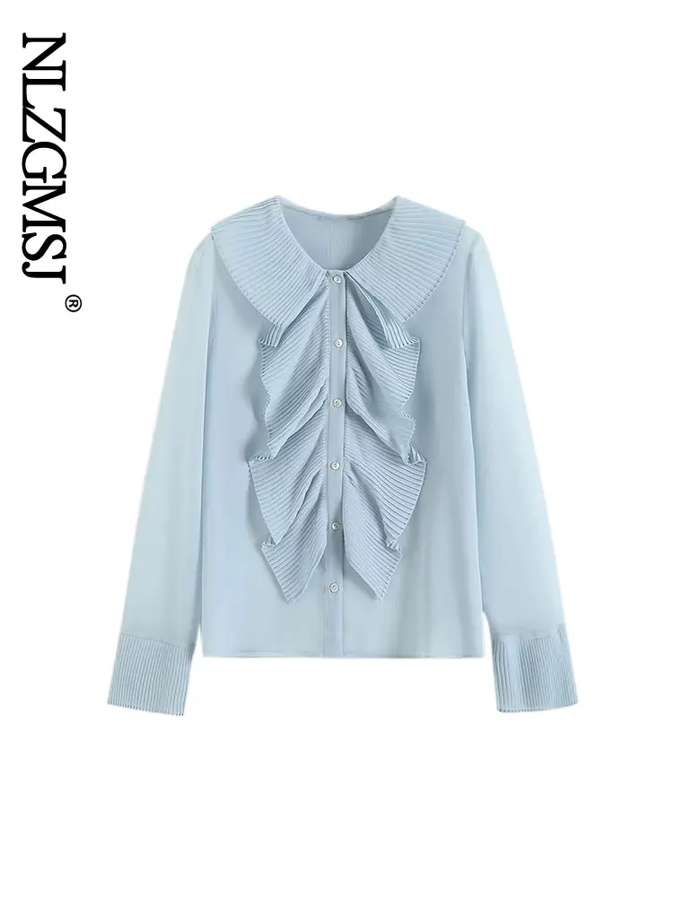 

Nlzgmsj 2023 Vintage Blue Blouses Women Long Sleeve Loose Shirts Ruffles Fashion Blouse Temperament Tops F48