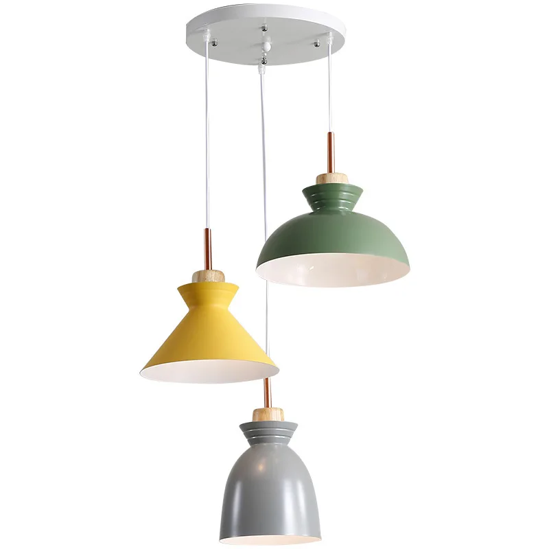 

3 in 1 Nordic Macaron Colors Conical Aluminum Shade with Rubber Wood E27 LED Droplights Matte Yellow / Green Cord Hanging Light