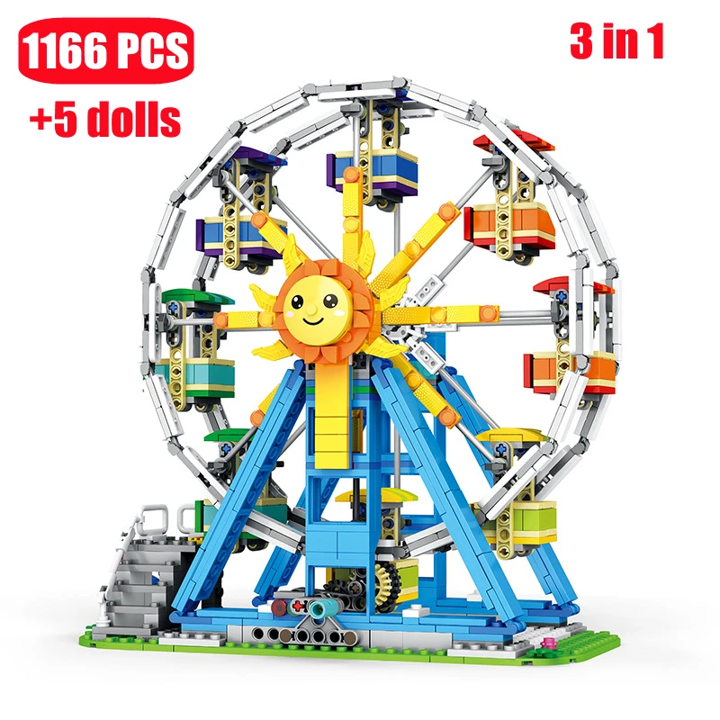 

MOC City Amusement Park Ferris Wheel Architecture Model Building Blocks Ideas DIY Friends 3IN1 Constructor Bricks Toys For Girls