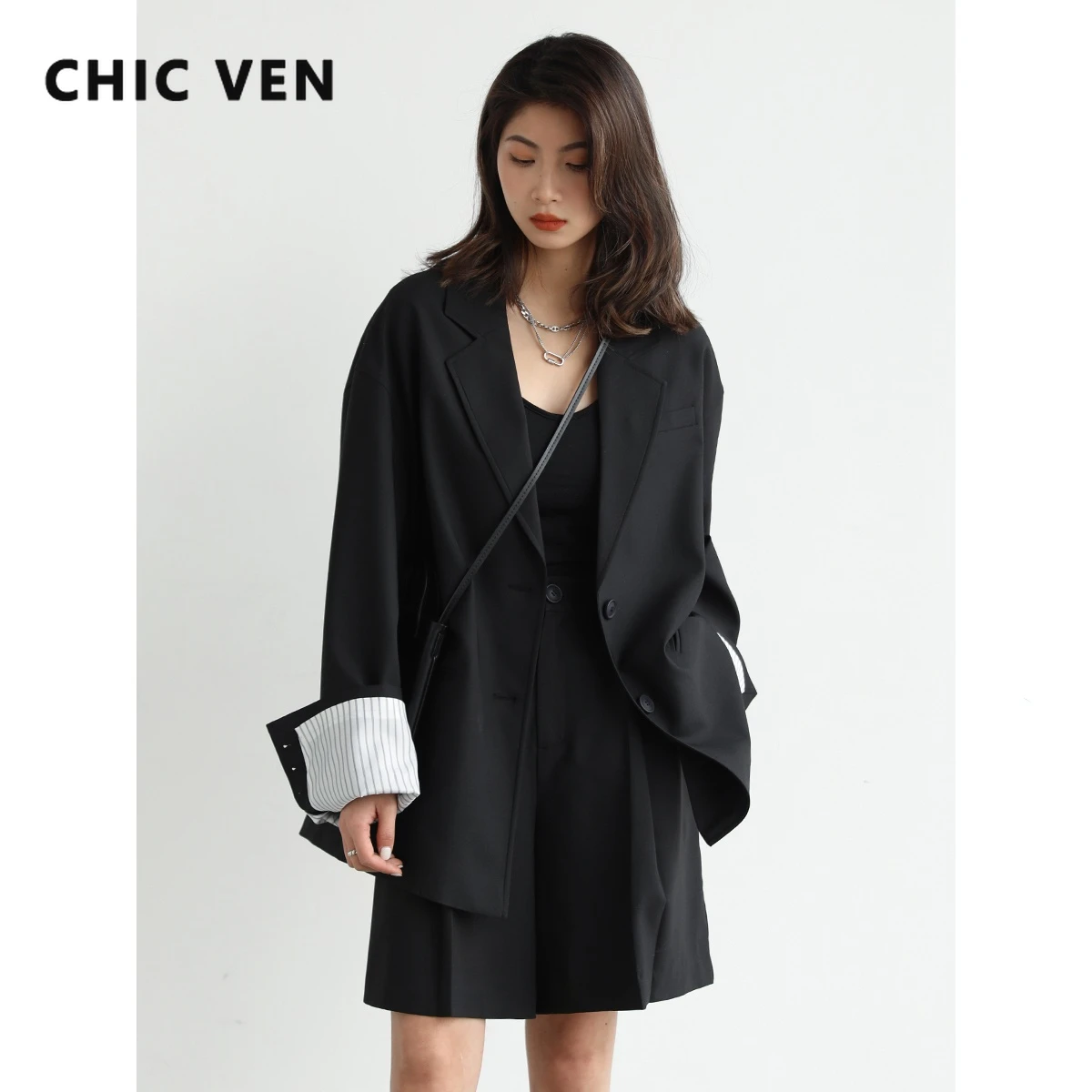 

CHIC VEN Korean Trendy Women's Blazer Single Breasted Patchwork Casual Coat Loose Minimalist Tops Office Lady Spring Autumn 2022