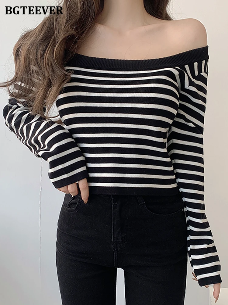 

BGTEEVER Chic Stylish One Shoulder Women Striped Knitted Pullovers Jumpers Long Sleeve Female Stretched Sweaters 2022 Autumn