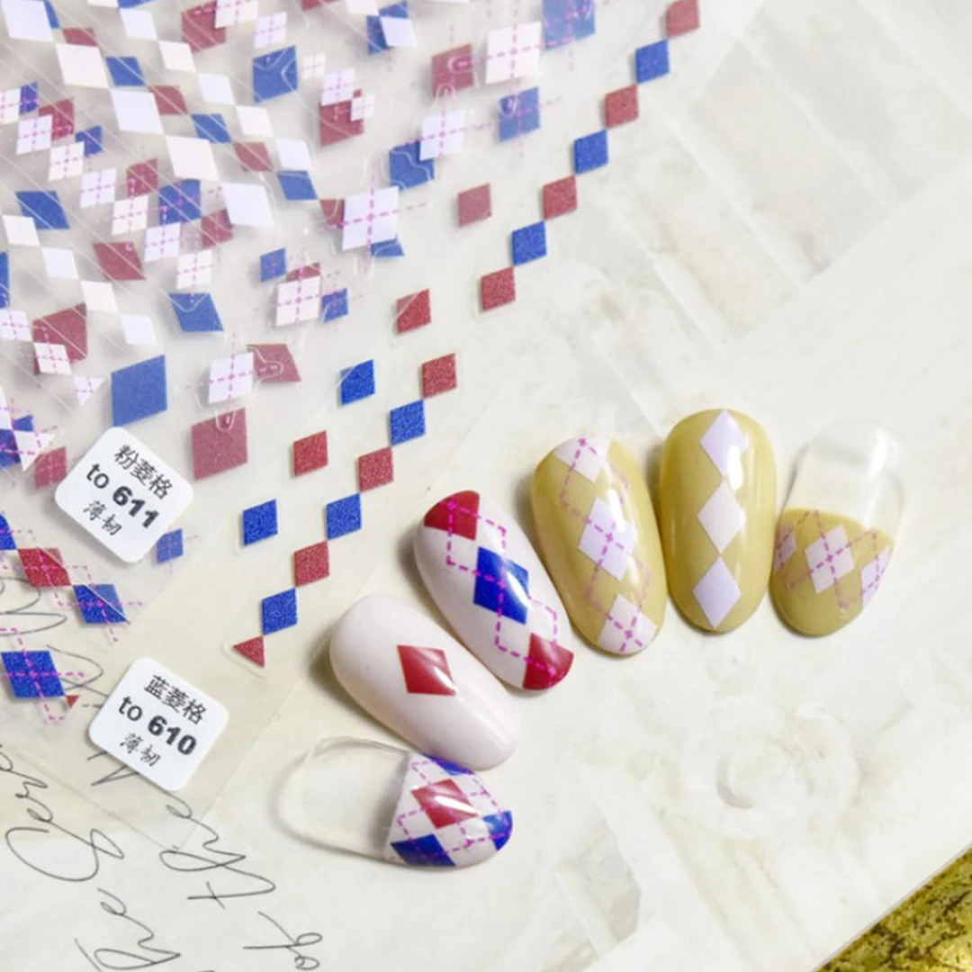 

Vintage Checkered Diamond Lattice Decals Sliders Press On Nails Manicure Art Stickers 3D Engraved Twist Nail Sticker Decor