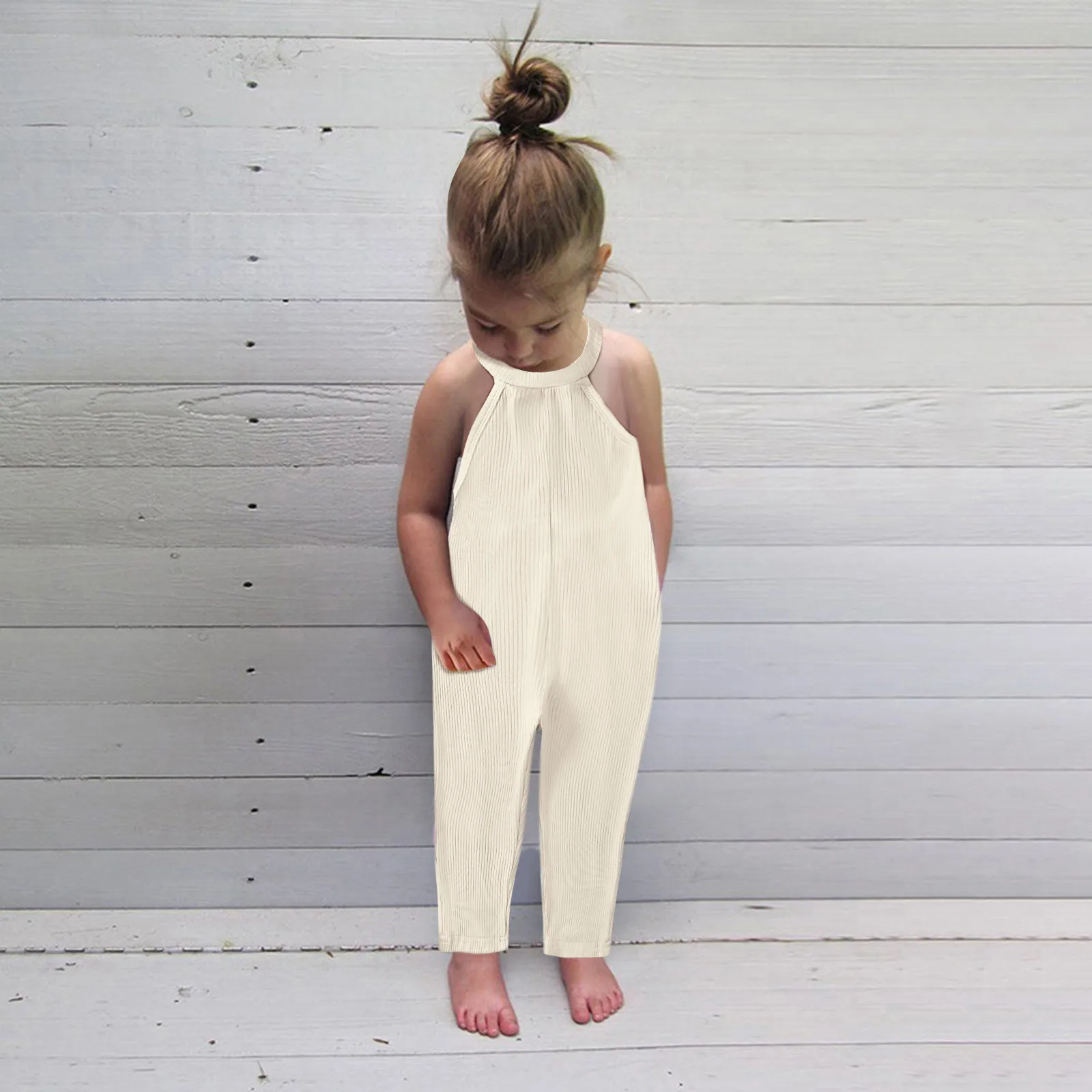 

Toddler Girls Sleeveless Romper Solid Ribbed Backless Jumpsuit Unisex Romper