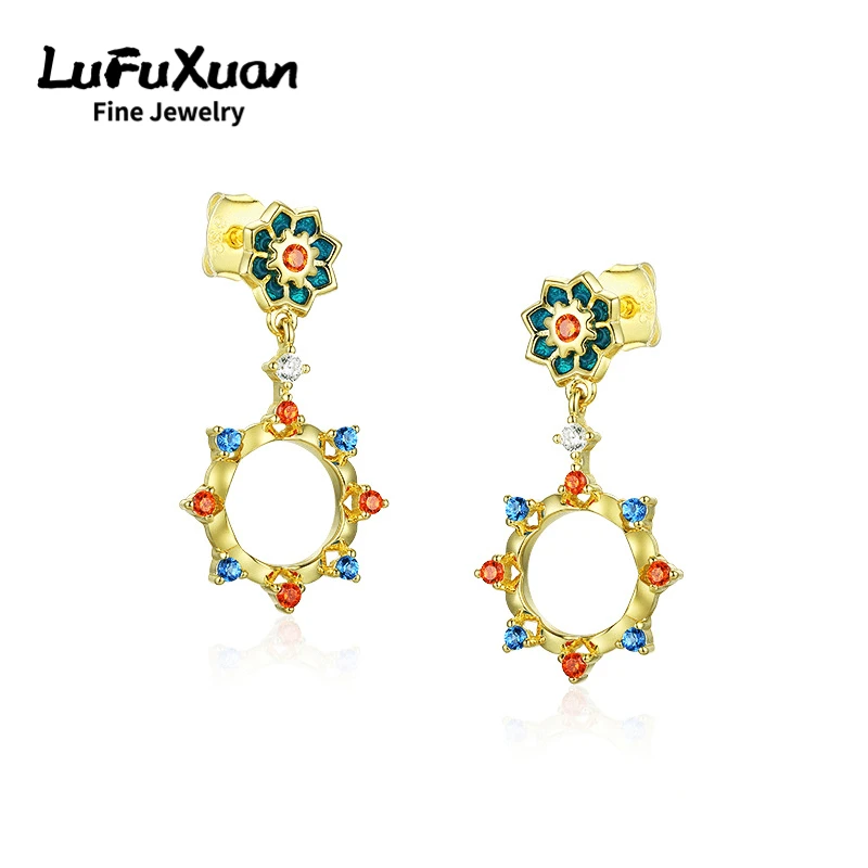 

LuFuXuan Sterling Silver 925 Inlaid With Nano Stone Dunhuang Pattern Chinese Style Round Earrings
