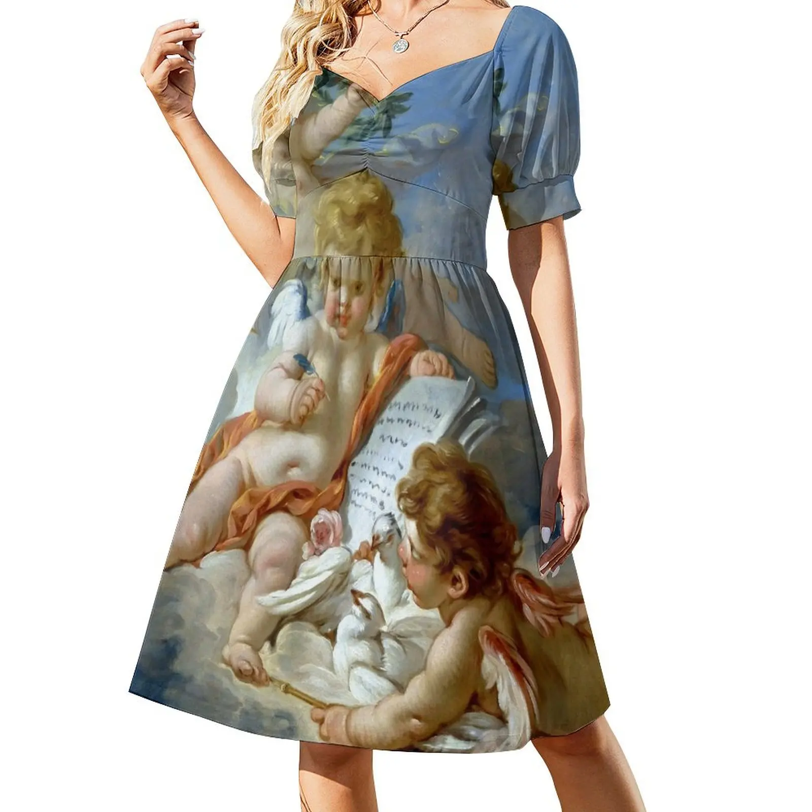 Fran?ois Boucher Cupids. Allegory of Poetry Платье с короткими рукавами Женская одежда