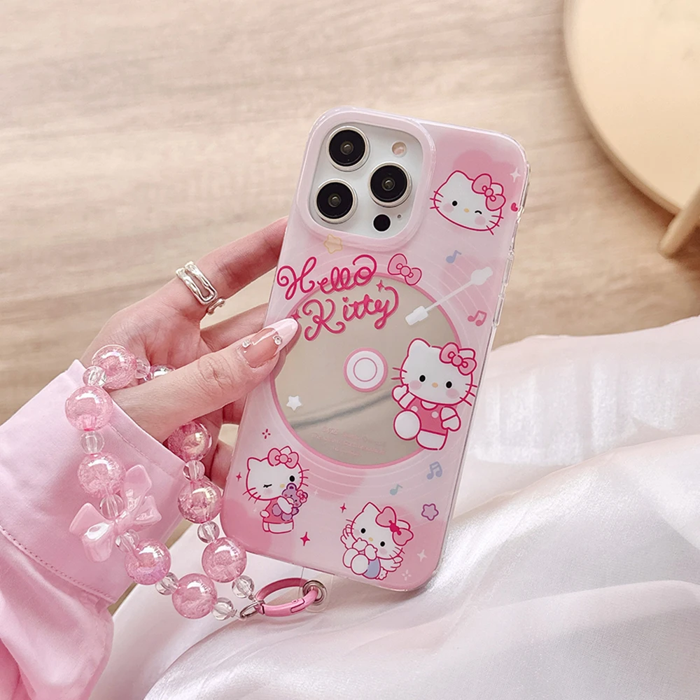 

Ins Pink Sanrio Hello Kitty CD Record with Bracelet Phone Case for IPhone 14 13 12 11 Pro Max 14 Pro Hard Anti-fall Back Cover