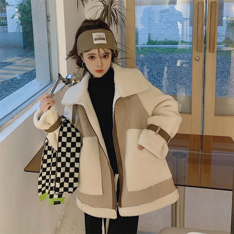 

Women Khaki Jacket Splicing Contrasting Colors Fleece Thicken Lambswool Lapel Coat Fashion Warm Retro Winter New Outerwear Tops