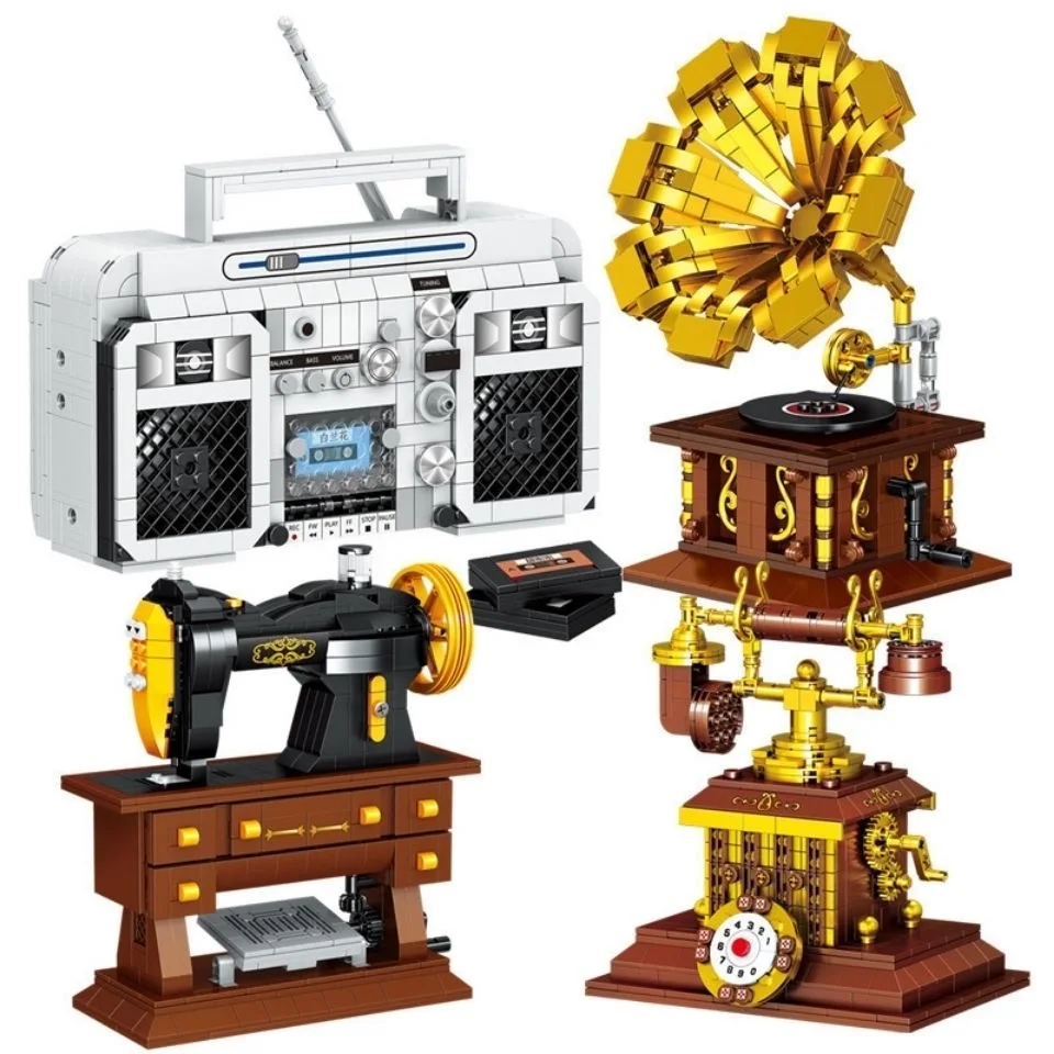 

Ретро-магнитола, фонограф, строительные блоки для телефона, украшение для панели, сделай сам, кирпич для подарка