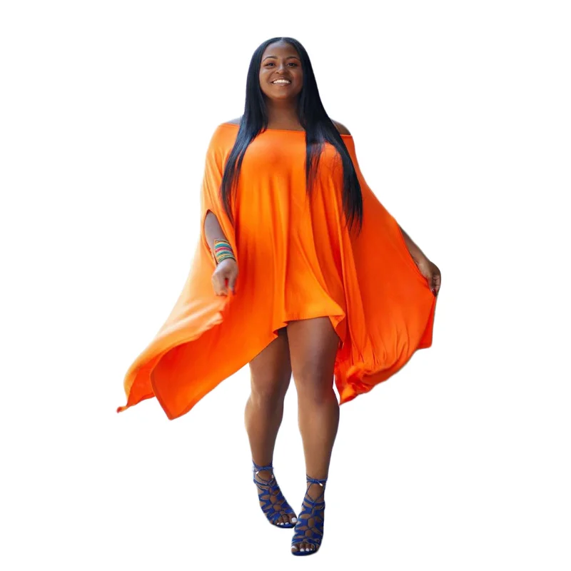 

Orange Asymmetrical Loose Shirt Dresses Women Casual Slash Neck Batwing Sleeve Vestidos Simple Female Draped Irregular Tops Robe