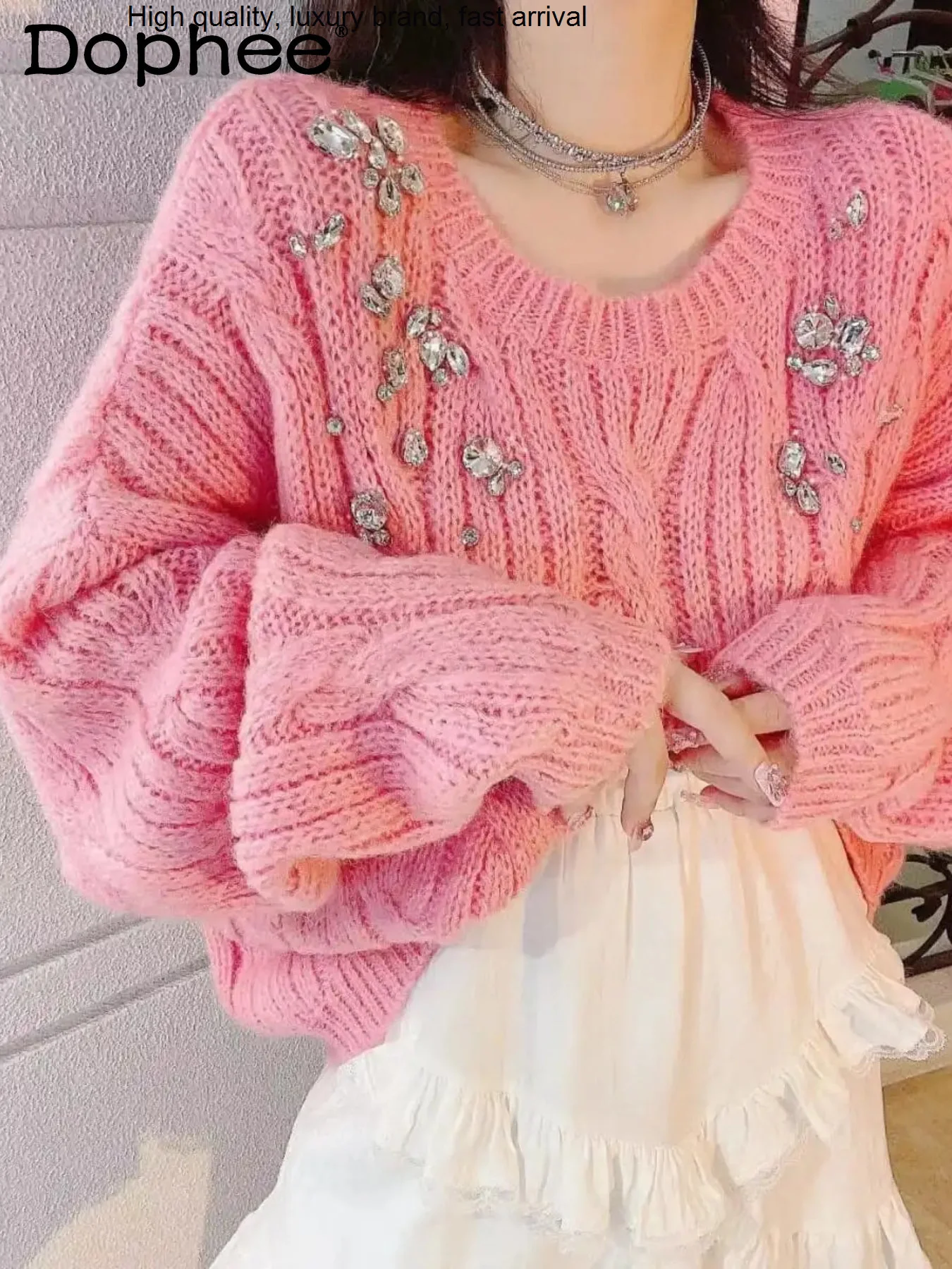 

Industry Sweet Heavy Pink Sweaters Women Autumn New Korean Fashion Design Rhinestone Cable-Knit Pullover Sweater Top