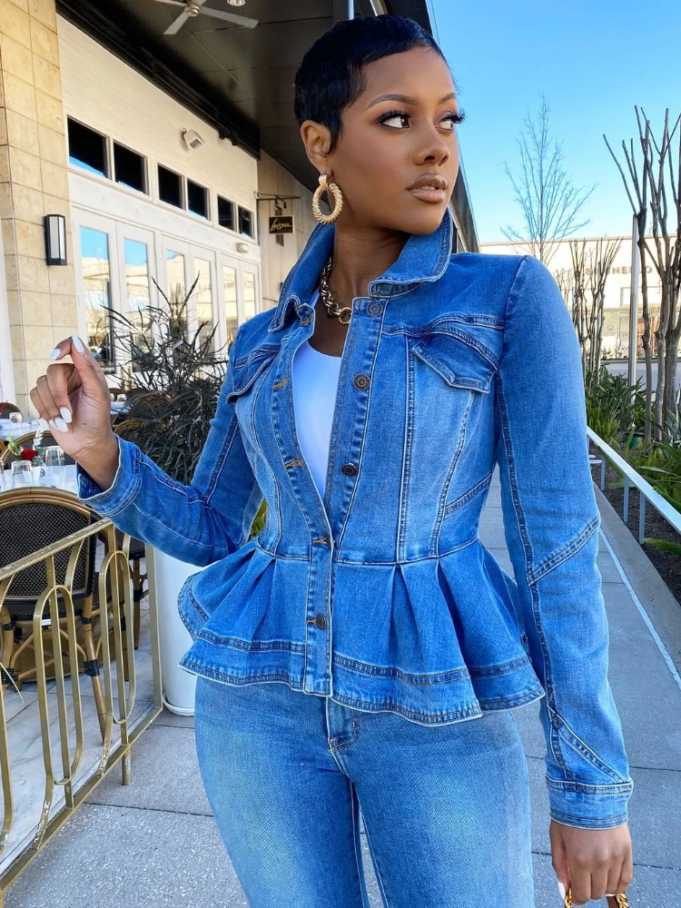 

Spring and Autumn Fashion High Waist Slim Single-breasted Wooden Ear Denim Jacket Denim Jacket Women Solid Coat Women