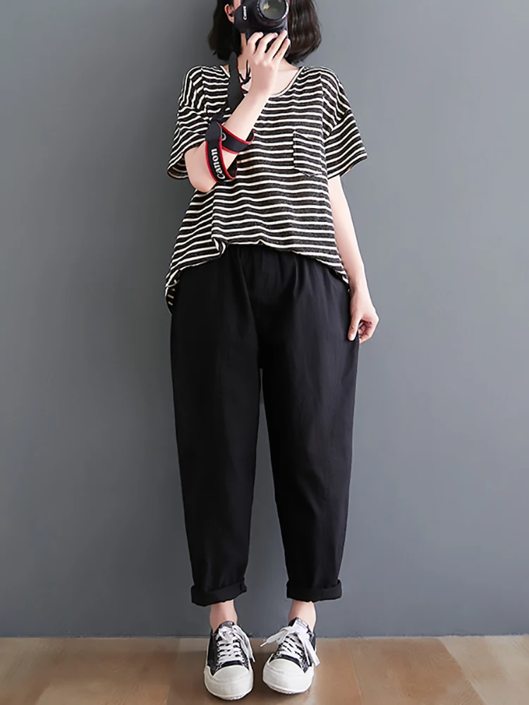 

Summer Fashion Women's Pants Cotton Linen Elastic Waist Solid Color Ankle Length Harem Trouser Japan Style Slim Female Clothing