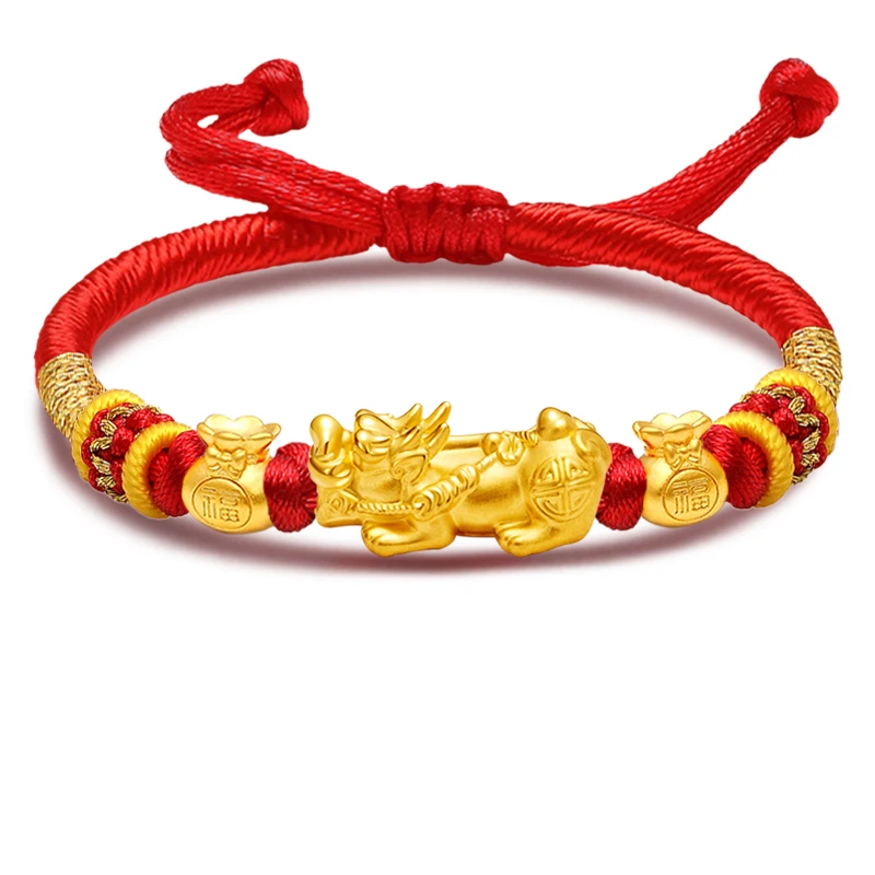 

1pcs Pure 24K Yellow Gold Bracelet Women Men Lucky Pixiu Dragon Son Blessing Money Bag Coin Red String Knitted Bracelet 16cmL