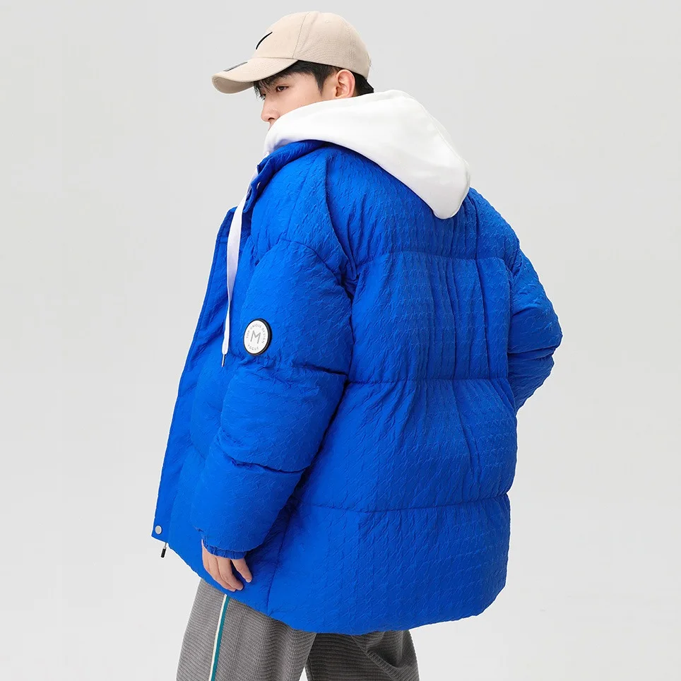 Winter Jackets Mens Fashion Fake Two-piece Hooded Jacket Windproof High Collar Color Matching Coat Houndstooth Padded Jacket