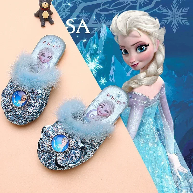 Детские меховые тапочки для девочек Disney зимние дома и улицы Эльза Мультяшные с