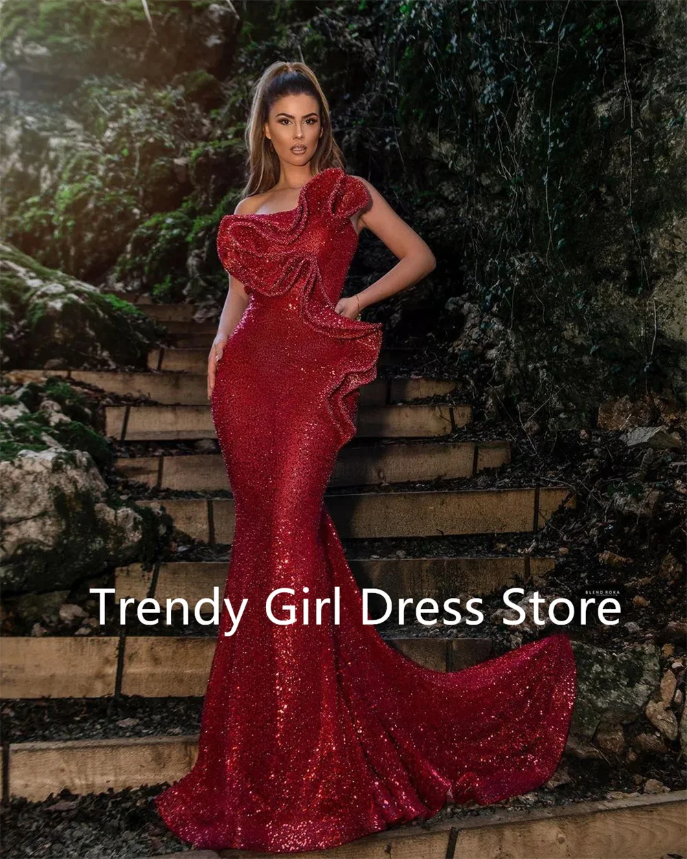 

Arabic Sparkly Mermaid Evening Dresses Sexy Wear Red Sequined Prom Dresses Ruffles Formal Party Dress Custom платье женское