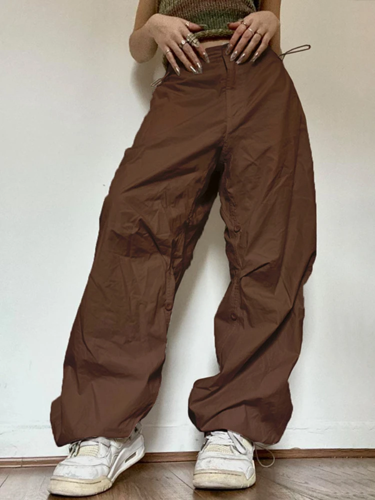

Осенние женские свободные уличные брюки-багги на шнуровке Y2K, модные коричневые широкие брюки-карго с высокой посадкой, повседневные свобод...