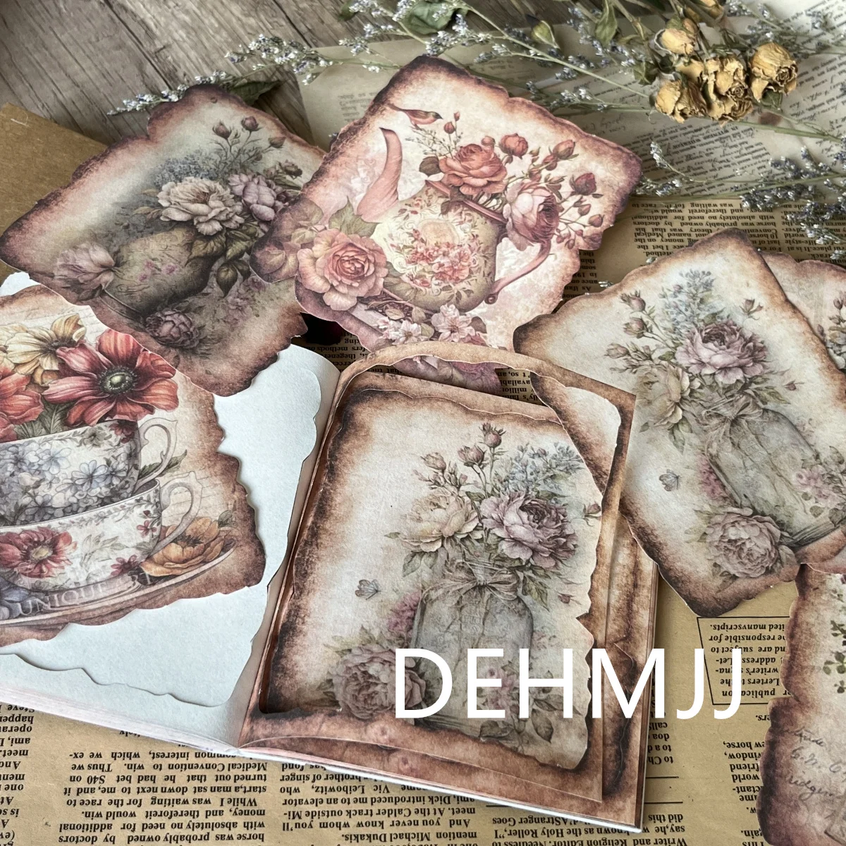 

50Pcs Vintage Flower Scrapbooking Material Papers Ant line edge Background Paper Junk Journaling Diary Craft Retro Stationery