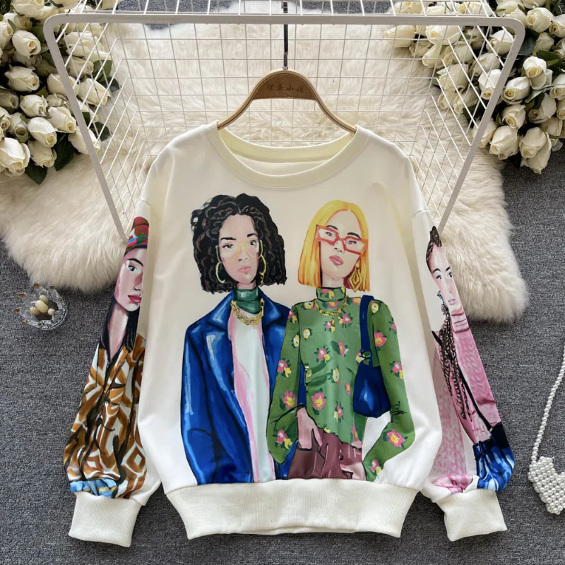 

Hikigawa Chic Fashion Women Autumn New Sweatshirts Versatile Loose O Neck Cartoon Girl Printed Long Sleeve Pullover Top Mujer