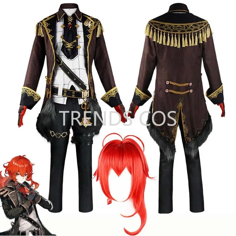 

Genshin Impact Diluc Cosplay Costume Game Uniform Full Set Halloween Party Halloween Diluc Ragnvindr Outfits Cosplay Wig
