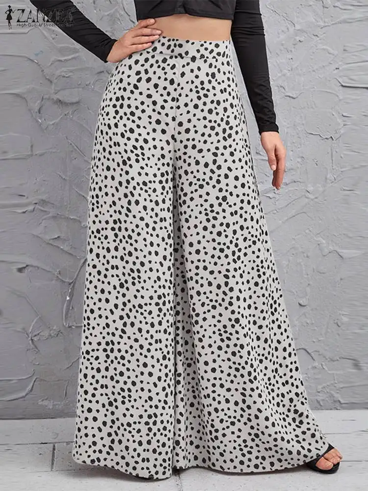 

Oversized ZANZEA Women Polka Dot Printed Wide Leg Trousers Spring High Waist Pants Loose Casual Pantalon Holiday Long Palazzo