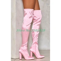 womens pink satin over knee boots pointed toe sexy chunky heel side zip everyday party boots stretch boots footwear size 43