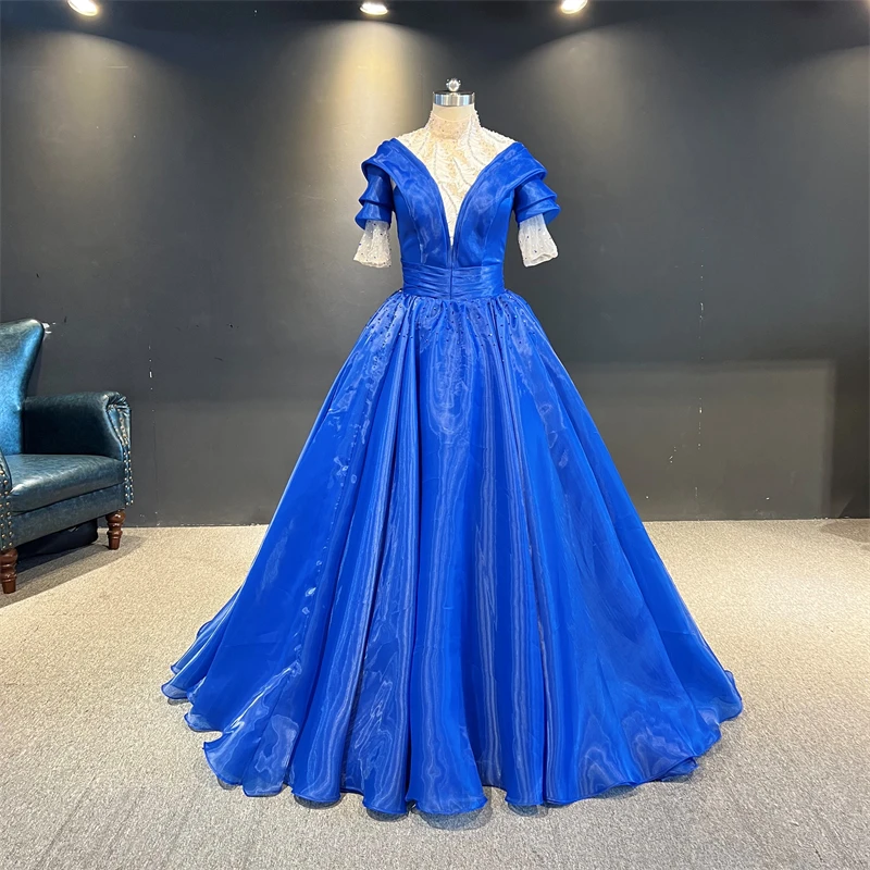 

100%Real Photos فستان سهرة Royal Blue vestido de noche Half Sleeves Heavy Beads Ball Gown Formal Prom Party Evening Dress
