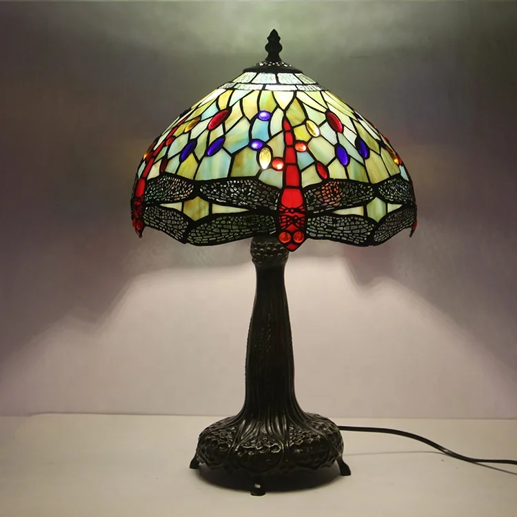

LongHuiJing Tiffany-Style Victorian 1-Light Table Lamp With Dragonfly Pattern Stained Glass Lampshade