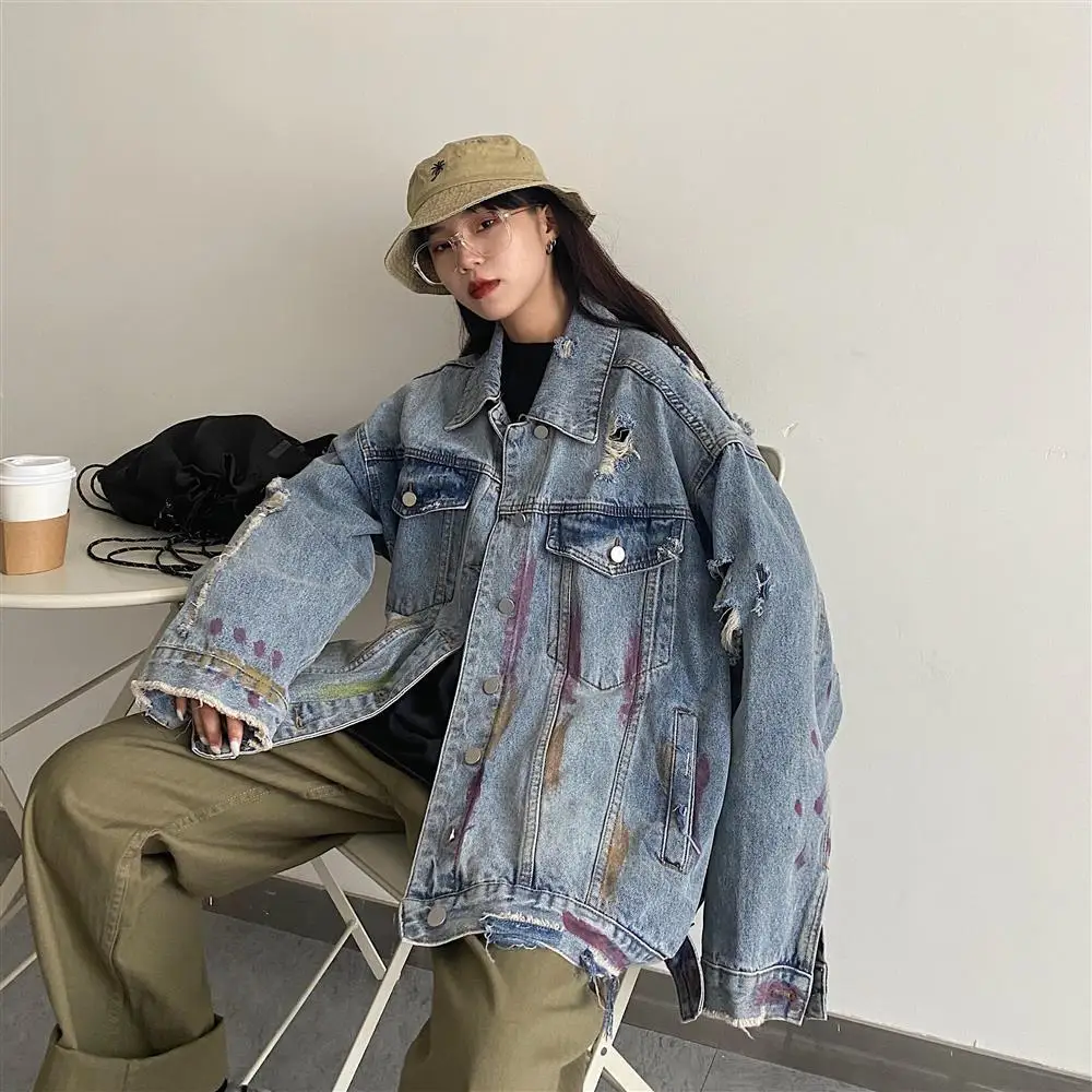 

Женская джинсовая куртка Broken denim, свободная облегающая куртка в корейском ретро стиле бойфренда в гонконгском стиле