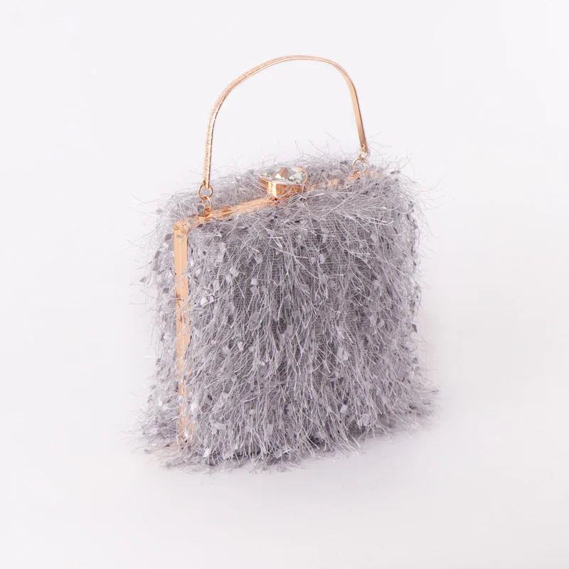

[BXX]Fairy feather small square bag lady sweet chain bag banquet hand bag tassel lock dinner messenger Plush bag