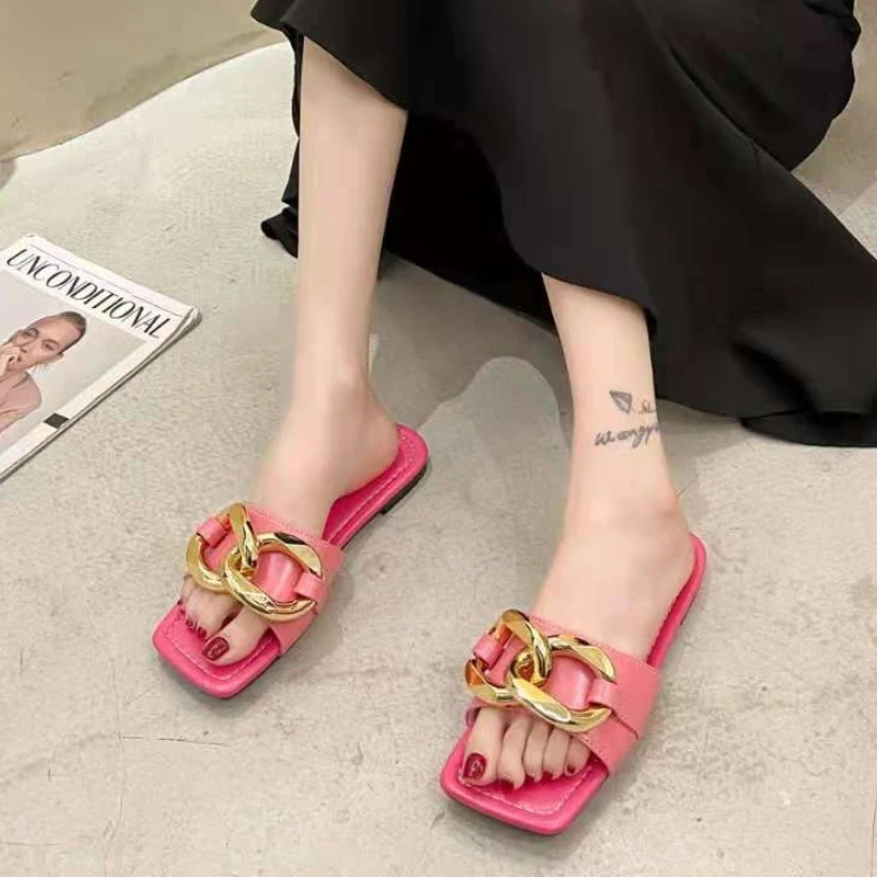 

Fashion Square Toe Slippers Women Metal Chain Plus Size Flat Shoes Summer Shallow Mouth Outdoor Leopard Sandals Chaussons