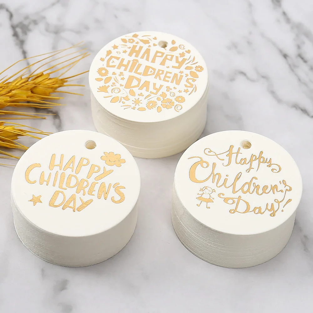 

100pcs 4.5cm Happy Children's Day Gift Hang Tags 2022 New Bronzing Round Cards Cookie Candy Bags Boxes Decoration Supplies