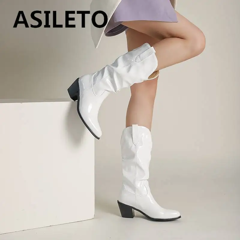 

ASILETO 2022 Ladies Western Boots Pointed Toe Chunky Heel 6cm Slip-on Plaid Large Size 34-48 Solid Casual Cool Shoes For Women