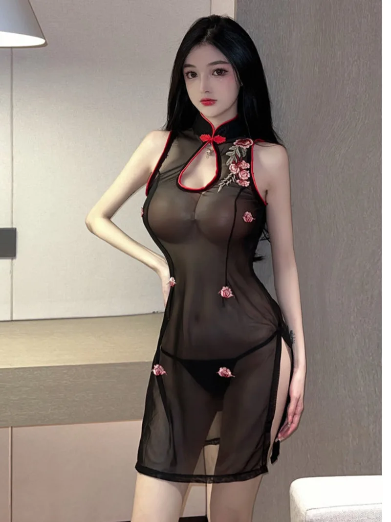 

2023 Summer New Women's Sexy Spicy Girl Gauze Transparent Hollow Out High Neck Embroider Split Temptation Flirt Mini Dress NM0U