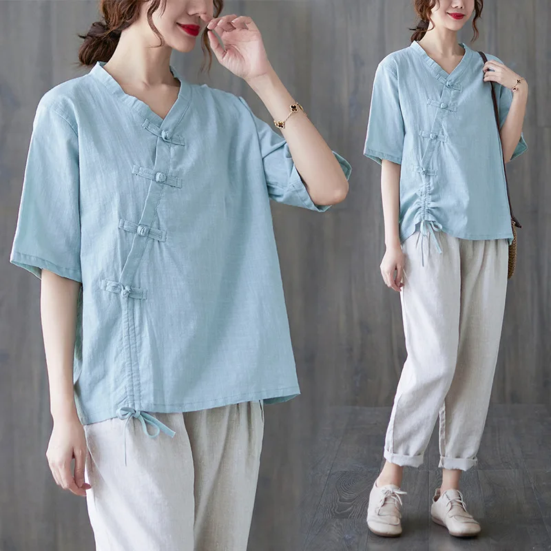 

Summer cotton and linen shirt V-neck short-sleeved T-shirt women's large size loose button retro literary top women