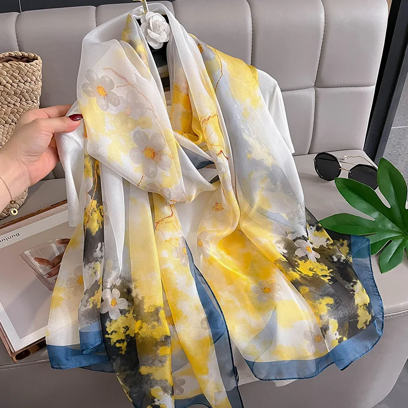 

Новый Шелковый шарф, женские шарфы на голову, платок, пляжные палантины, женский большой хиджаб, модная летняя повязка на голову с принтом, шаль и палантины