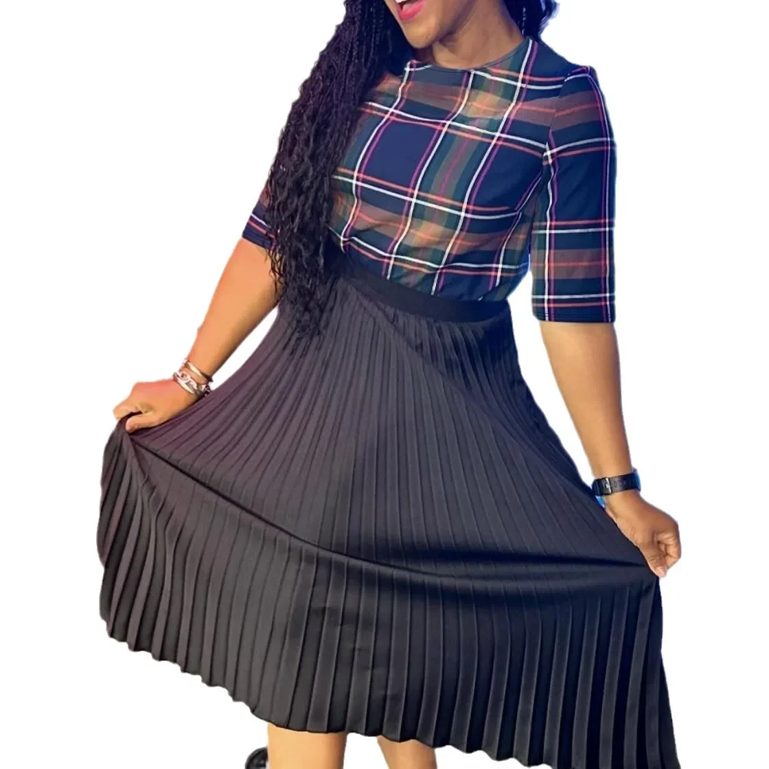 Европейская мода лидер продаж плиссированное платье размера в клетку